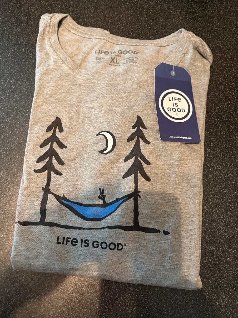 Life Is Good Women’s  Gray Graphic Top with Blue Hammock